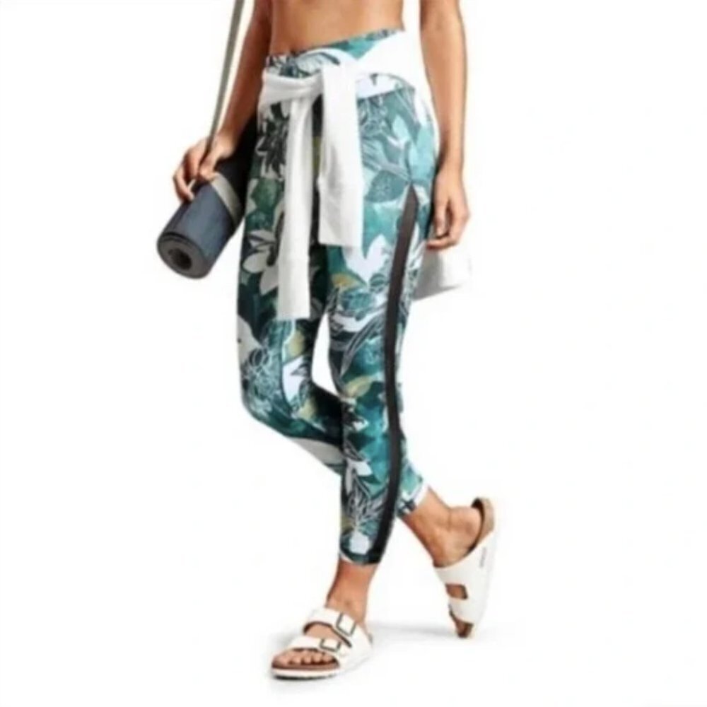 Athleta Chaturanga Blue 7/8 Tight‎ Tropical Leggings High Waisted Workout 591360